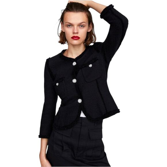 Zara Jackets & Blazers - ZARA Woman Black Bouclé Tweed Jacket XS Rhinestone Buttons, XS